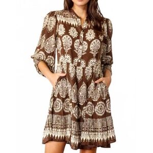 Rubyyaya Jaipur Midi Brown and Cream Boho Tiered Dress with Pockets India Size M